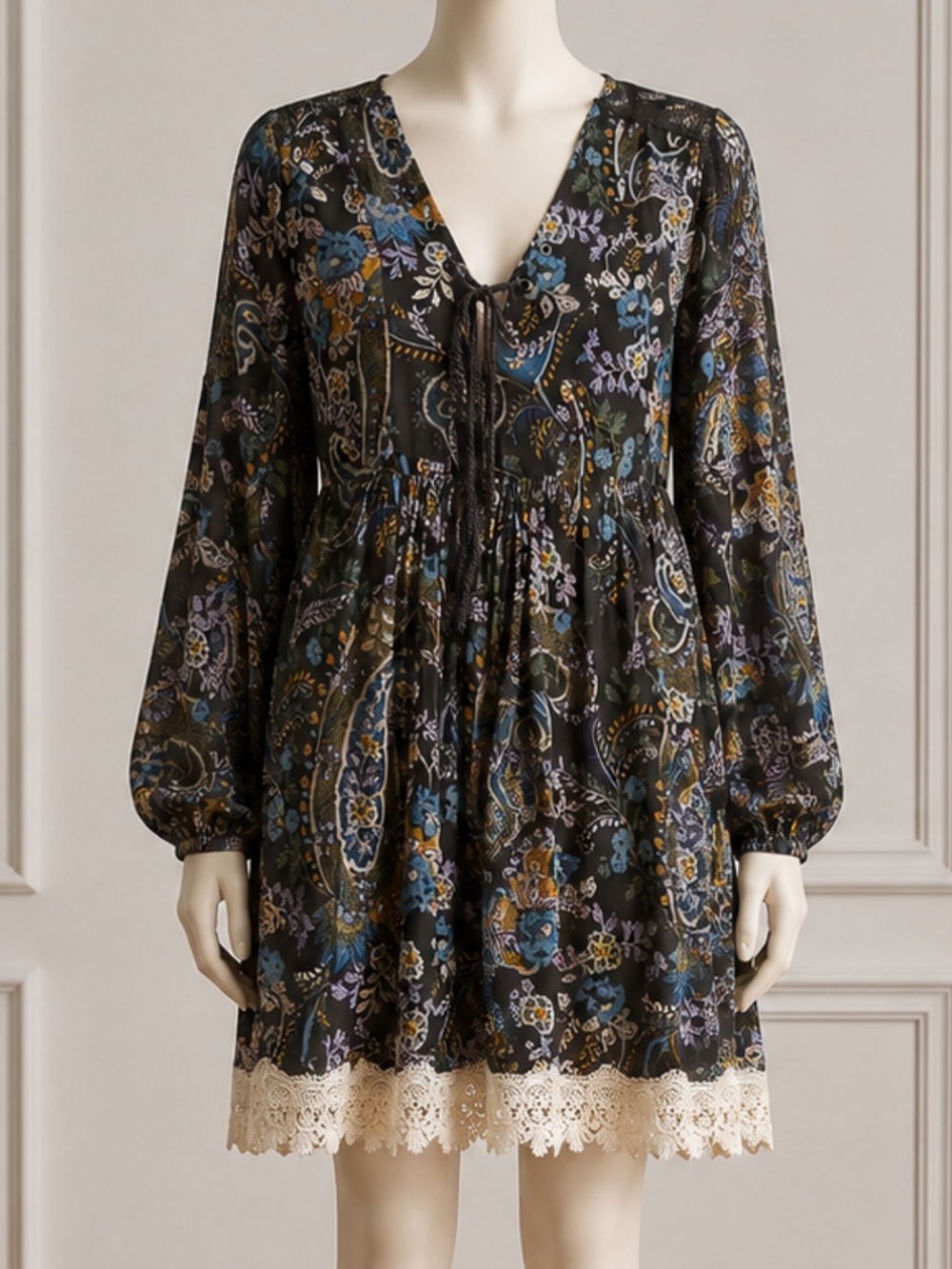 Free People Black Floral Paisley Lace-Hem Babydoll Dress